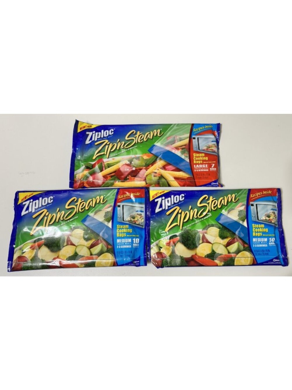 Ziploc Zip ’n Steam Cooking Bags Lot of 3 Packs, 2 Med 1 Large 27 Total Bags NEW